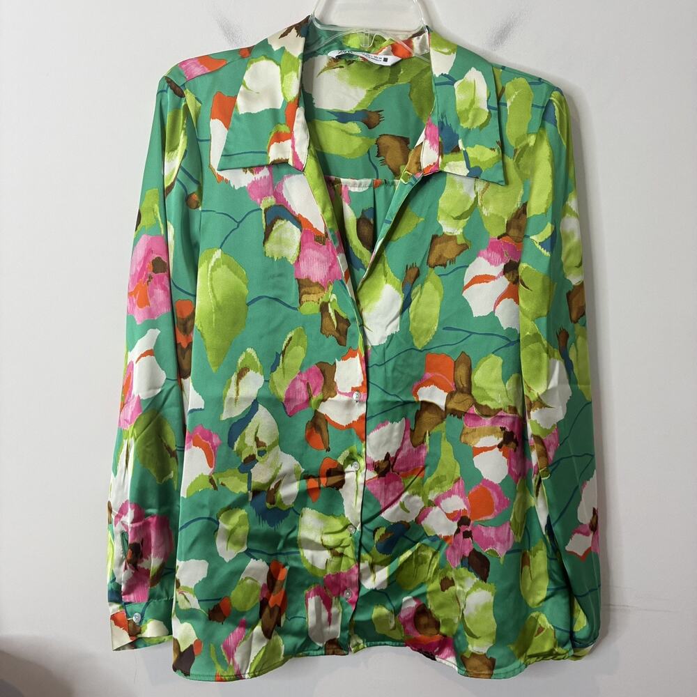 Zara Women's Green Floral Long Sleeve Button-Up Satin Blouse Size Large
